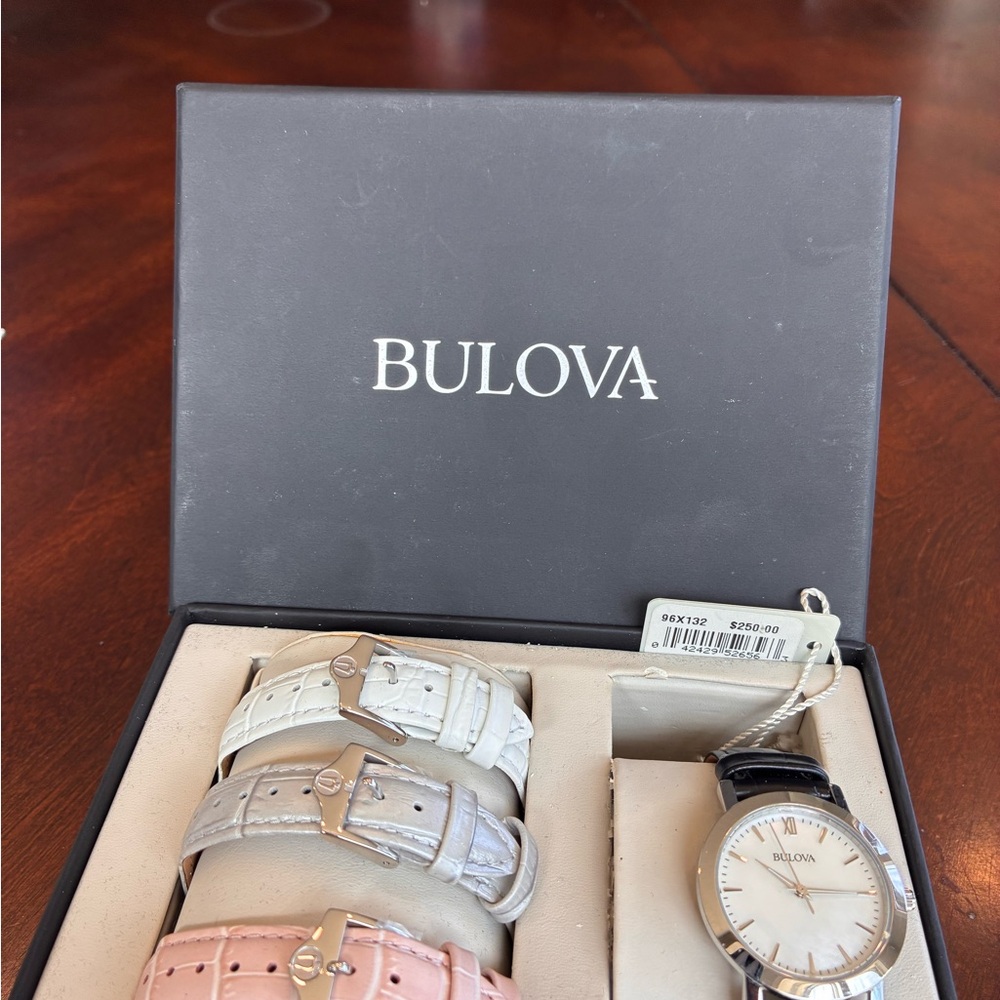 Bulova Watch Set with White, Gray, and Pink Straps-New with Box and Tags